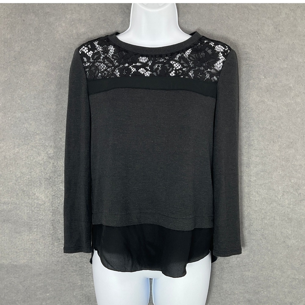 Rebecca Taylor Lace Top Long Sleeve Blouse Sheer Panel Gray Black Sz XS
